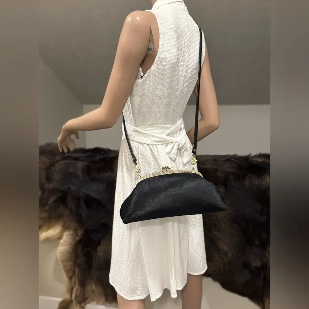 Black Real Hair-on-horsehide Handsewn Double Kiss-lock Clutch Bag/Crossbody